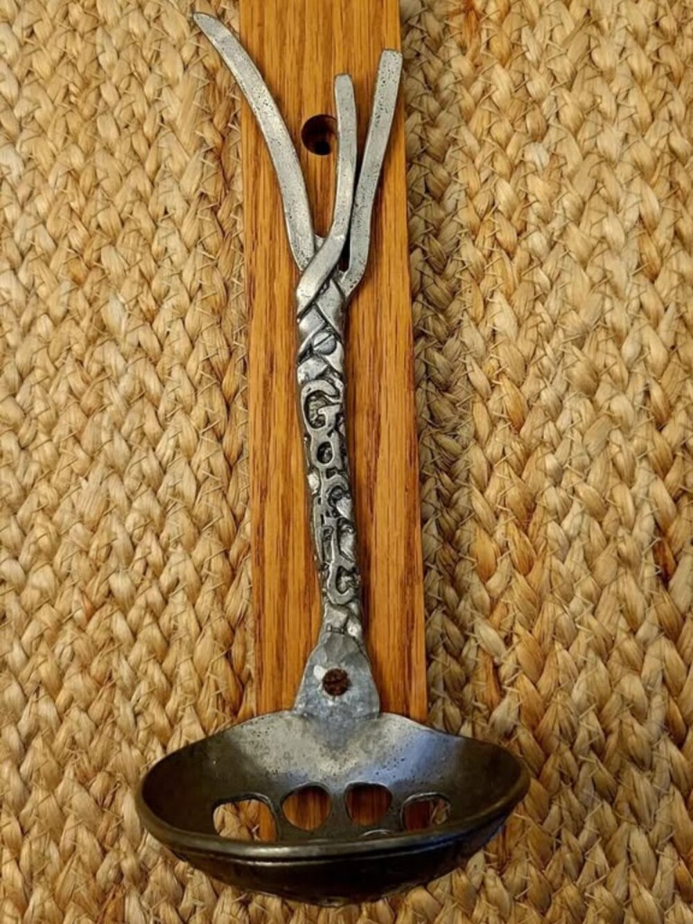 Pewter Slotted Spoon Attached To Solid Oak Wall Mount